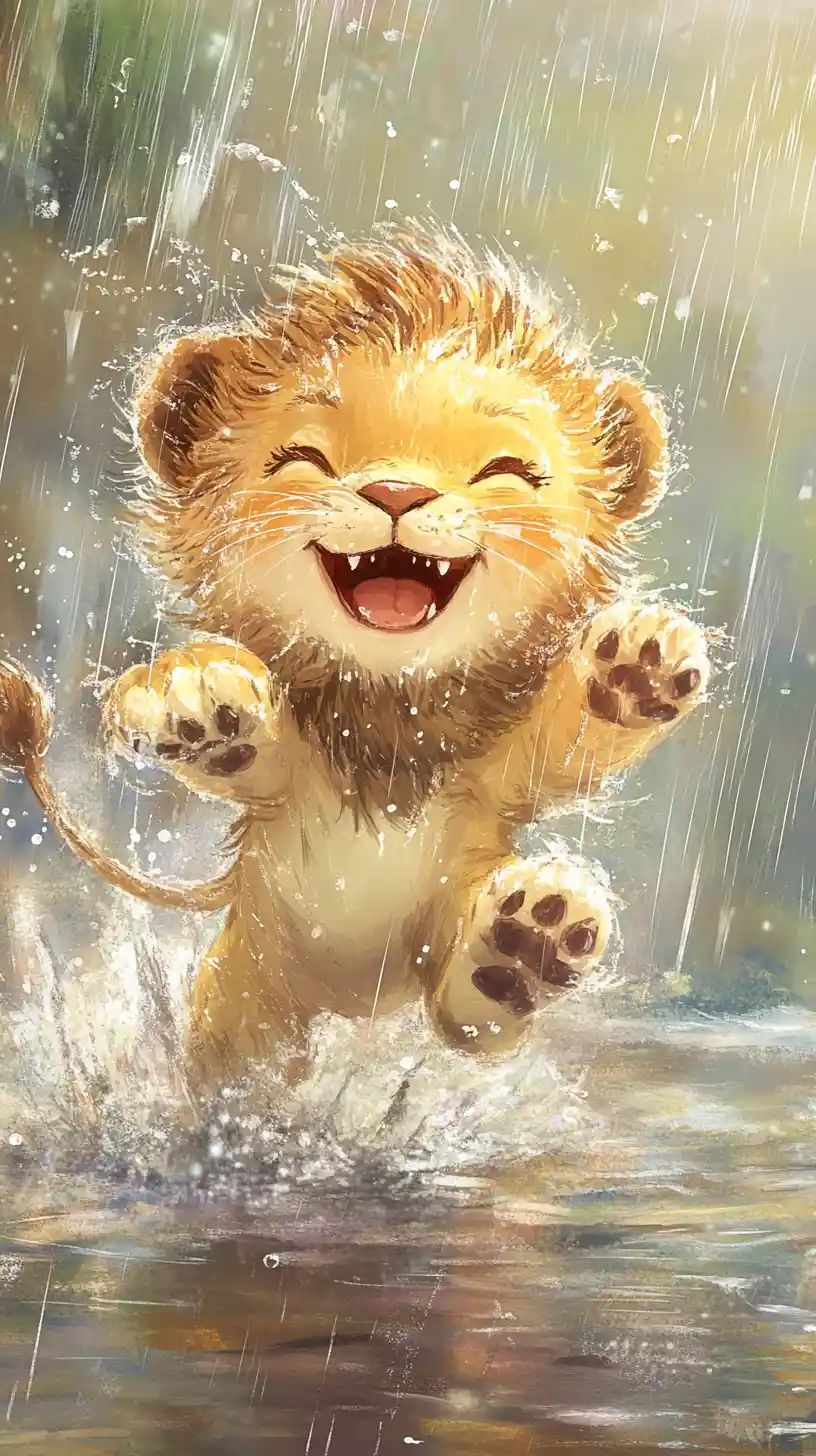 Baby lion shaking off rain on a wet porch