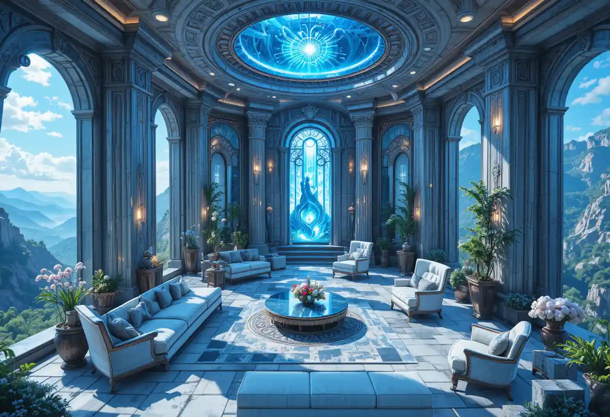 Interno isometrico di lussuosa villa in pietra in ambientazione montana fantasy