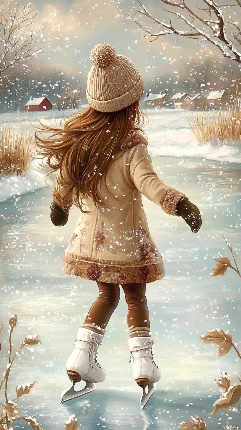 Garota patinando no lago congelado em uma vila de inverno