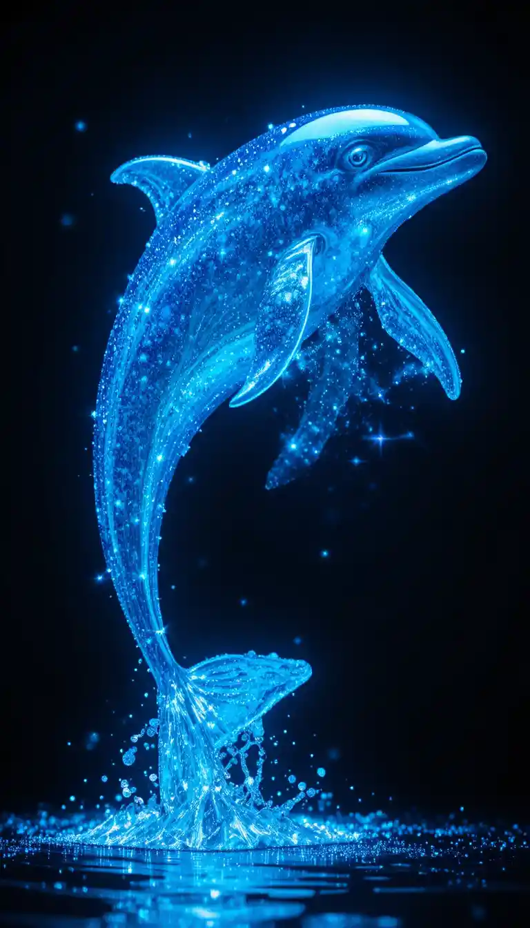 Delfín azul cobalto brillante en oscuridad cósmica iridiscente