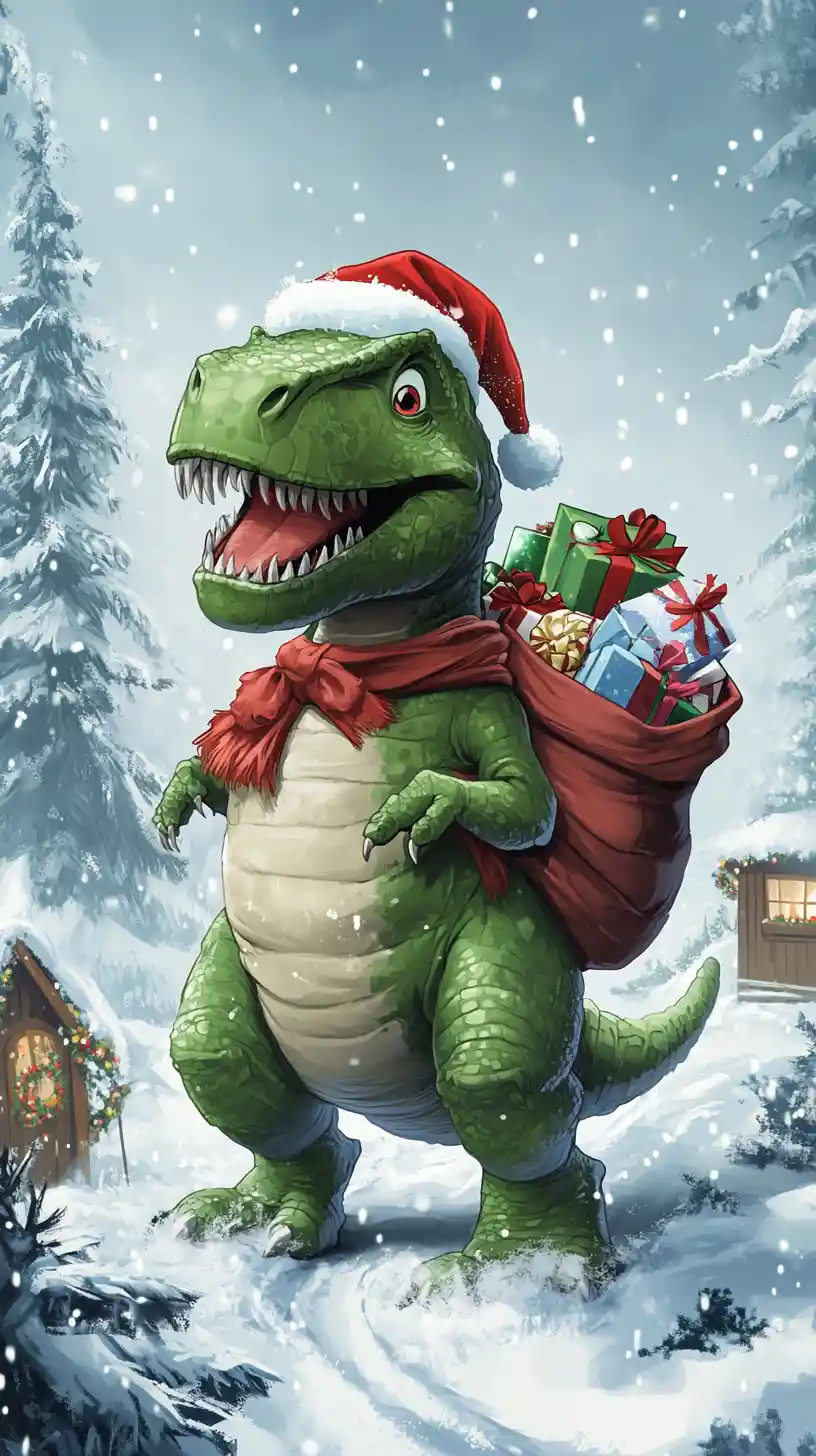 Dinossauro Papai Noel em desenho animado em floresta de inverno nevada