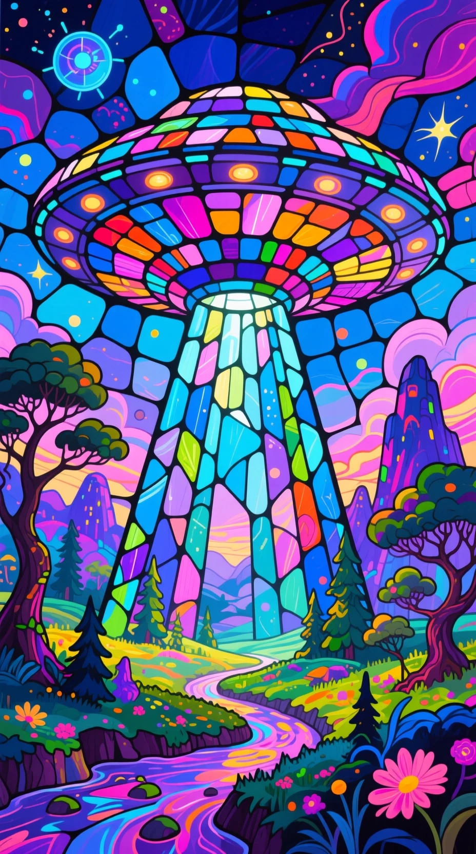 Vibrant stained glass UFO over a surreal fantasy landscape