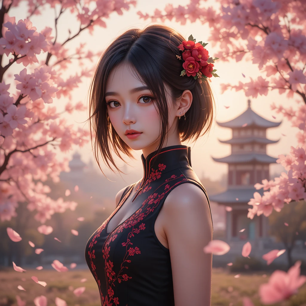 Anime girl in black qipao amid glowing cherry blossoms
