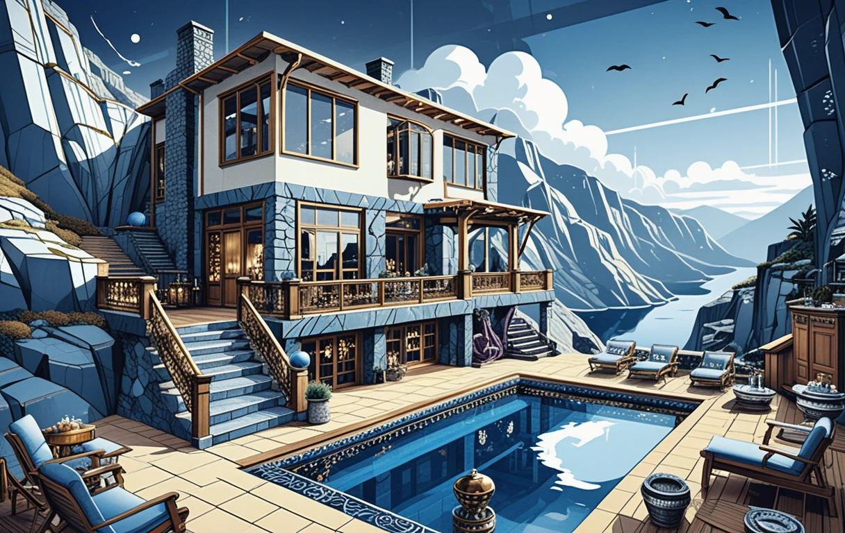 Greek inspired cloud palace in dark mountain retreat