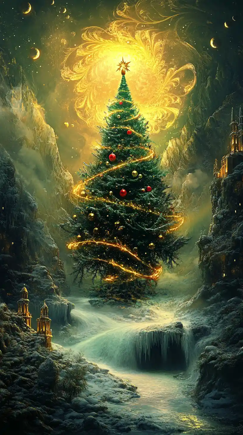 渦巻く祝祭的なフラクタル模様のカリグラフィー風クリスマスツリー