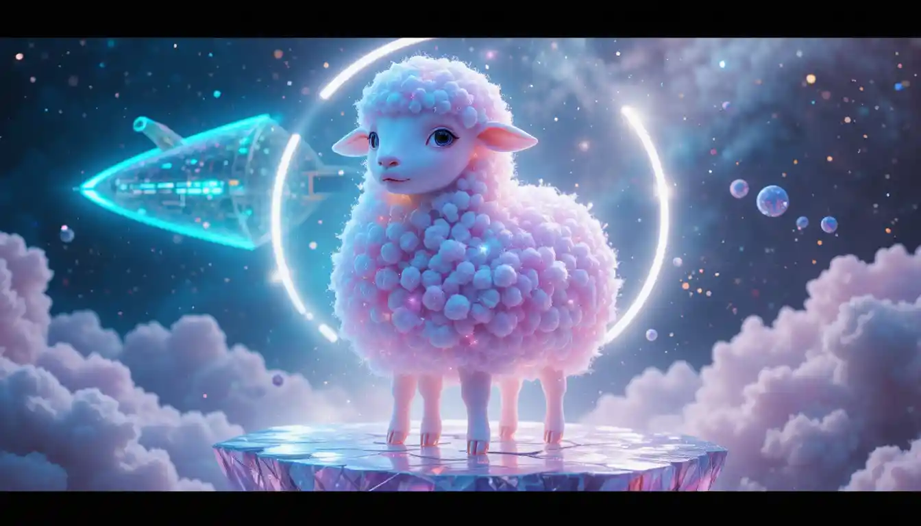 Cosmic lamb of glowing clouds on a floating crystal platform