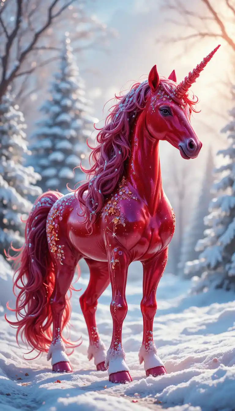 Unicórnio vermelho em uma floresta de inverno nevada e cintilante