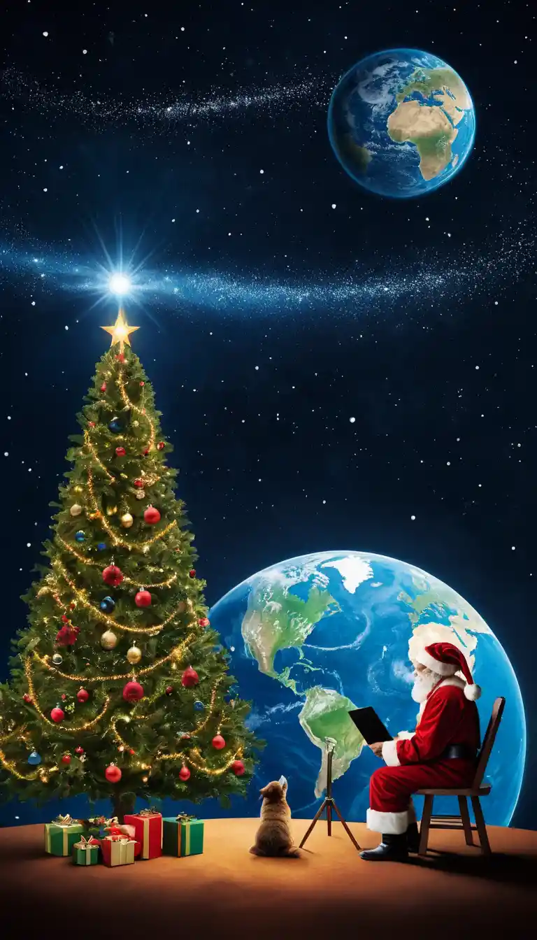 宇宙から地球を見つめるサンタクロース クリスマスカードデザイン