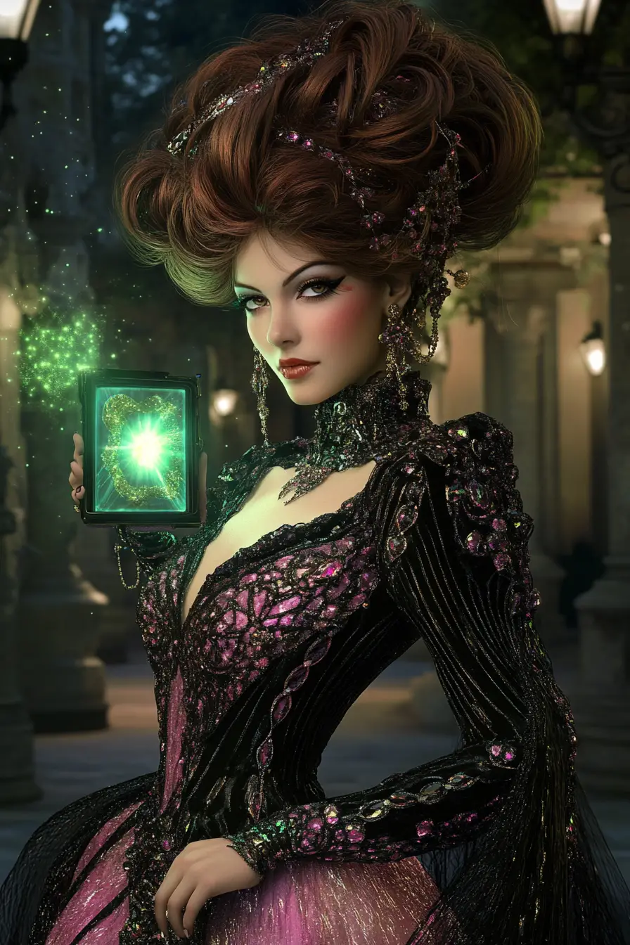 Persian woman in gemstone couture in a surreal courtyard