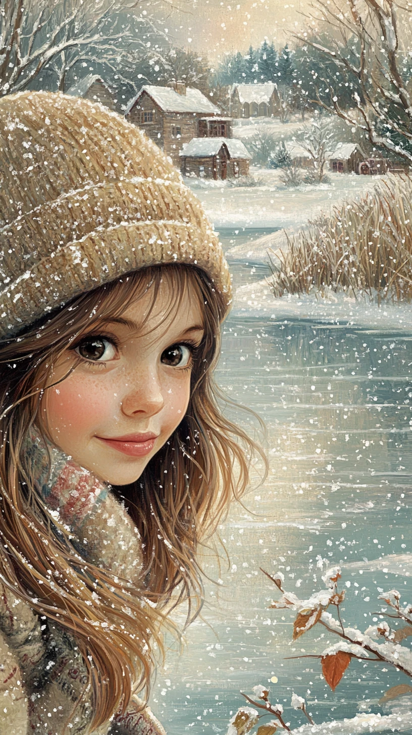 Jolie fille faisant du patin à glace sur un étang d’hiver enneigé