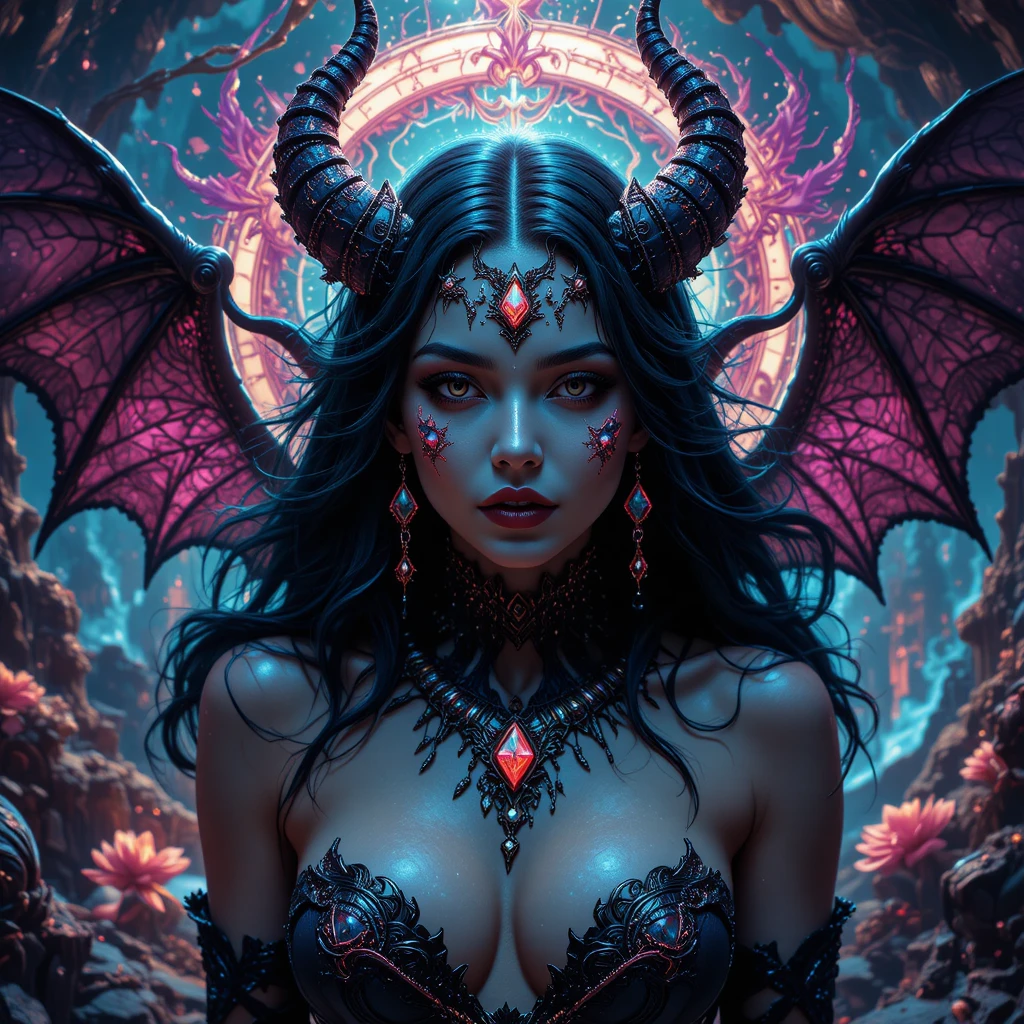 Fantasy succubus in a vibrant surreal magical landscape
