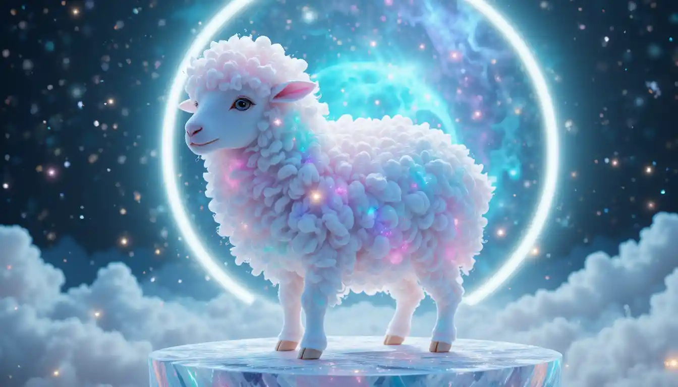 Glowing Cosmic Lamb On Floating Crystal Platform