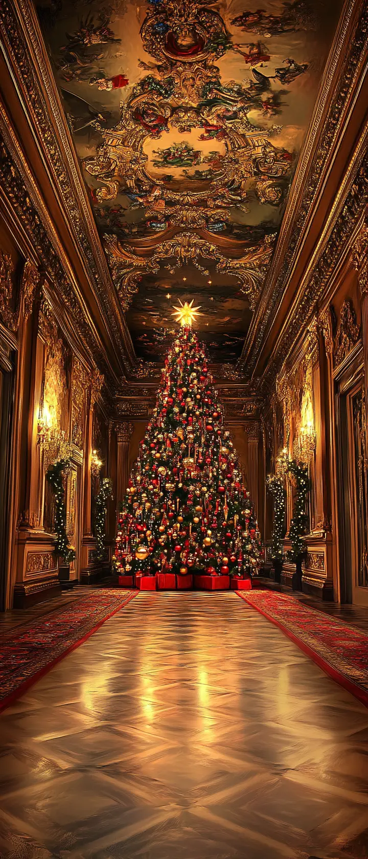 装飾されたバロック様式の廊下にそびえ立つ巨大なクリスマスツリー
