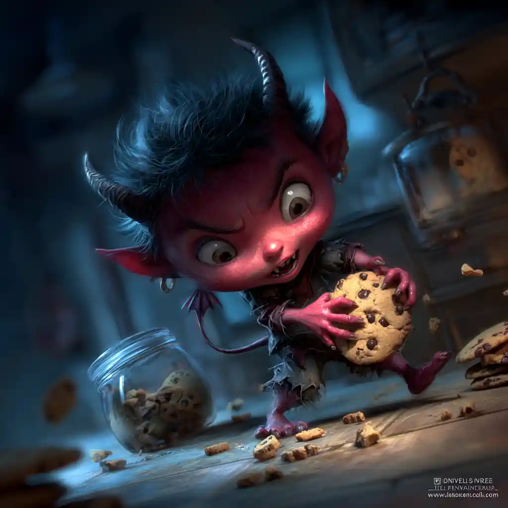 Travieso diablillo rojo bebé robando una galleta en la cocina