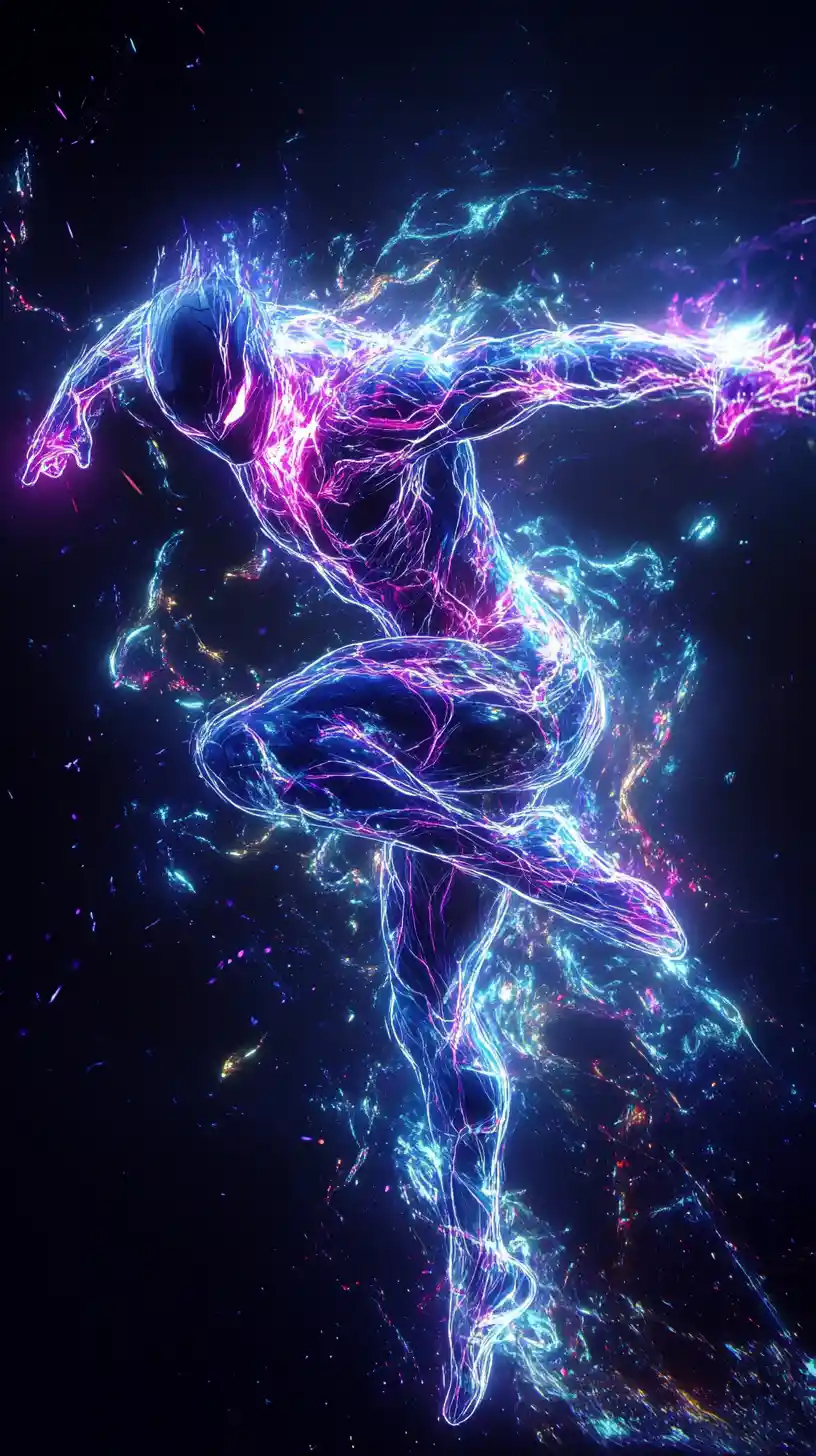 Superhéroe neón saltando por el espacio oscuro con movimiento dinámico