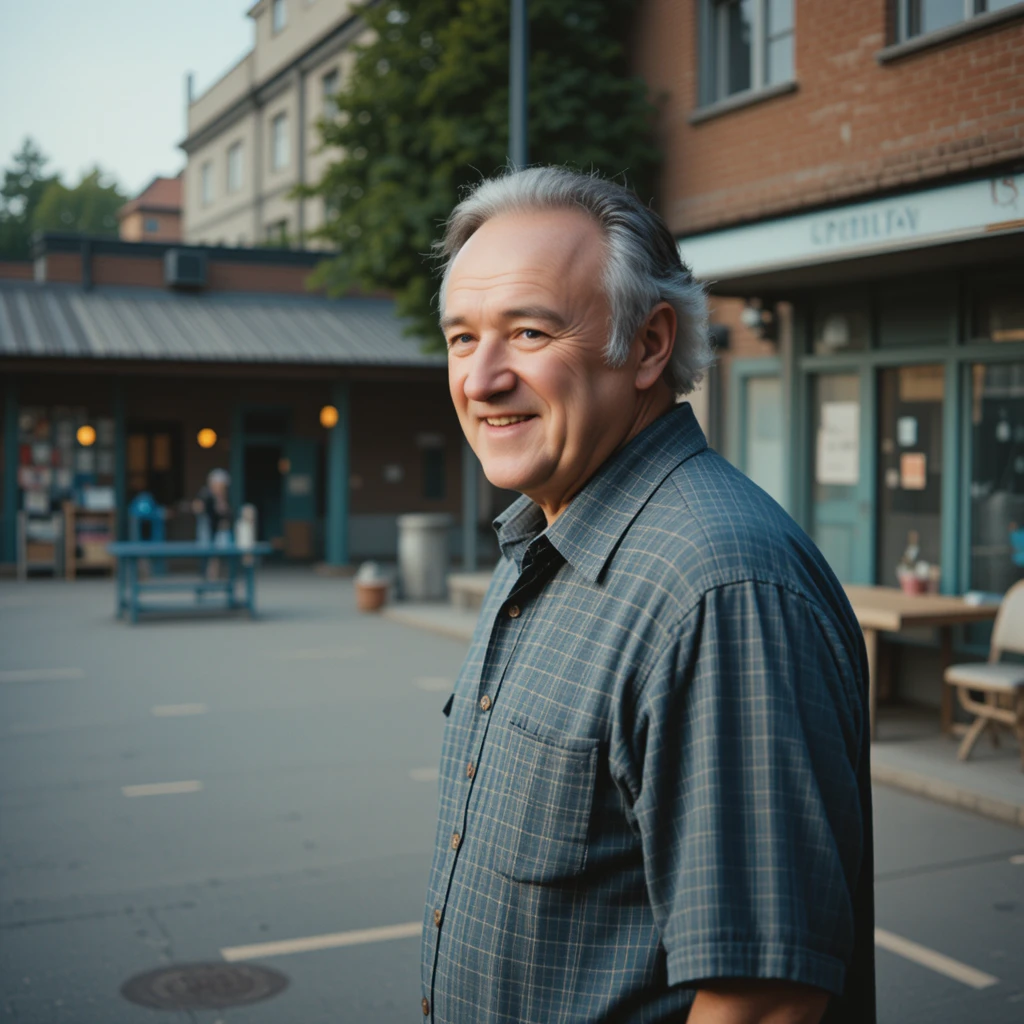 Smiling elderly man in profile beside a busy school playground