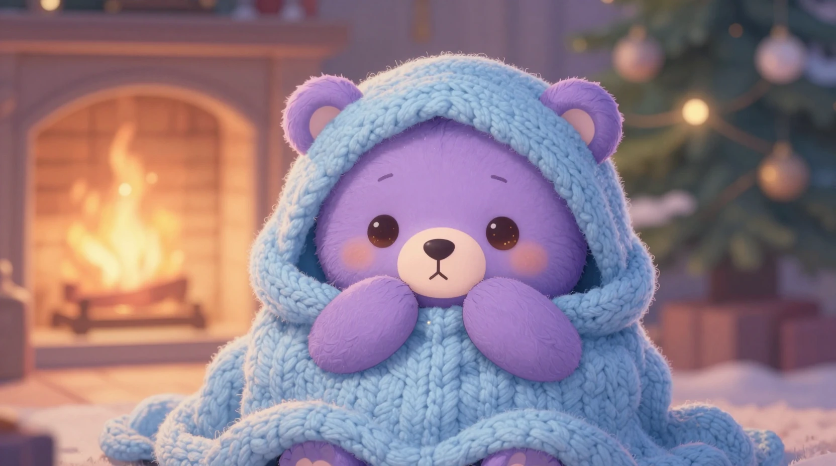 Niedliche lila Bärenpuppe gemütlich unter einem kuscheligen Weihnachtsbaum