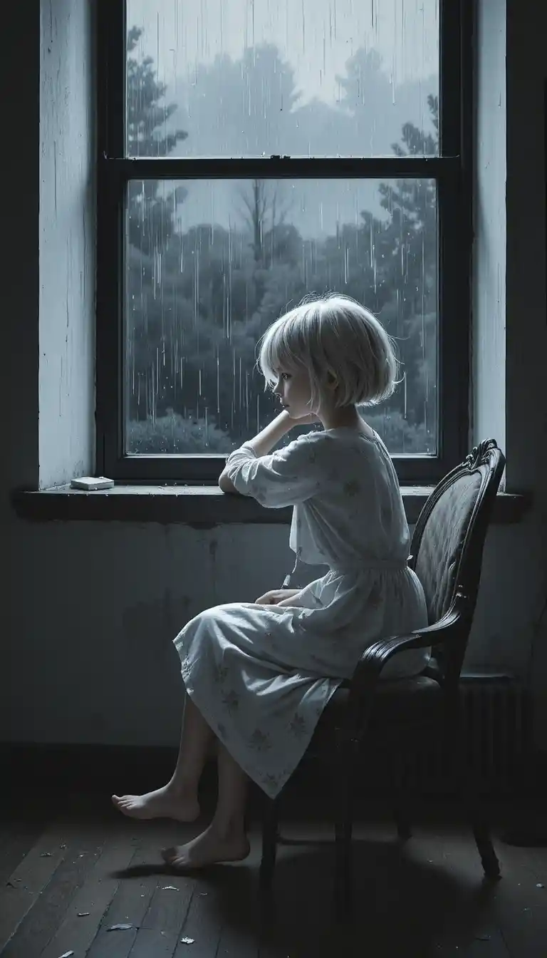 Joven niña en un apartamento oscuro mirando por la ventana lluviosa