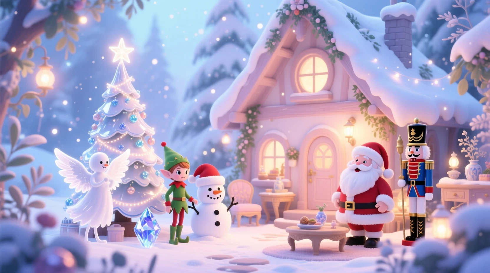 Verspieltes Winterhäuschen mit Santa und festlichen Figuren