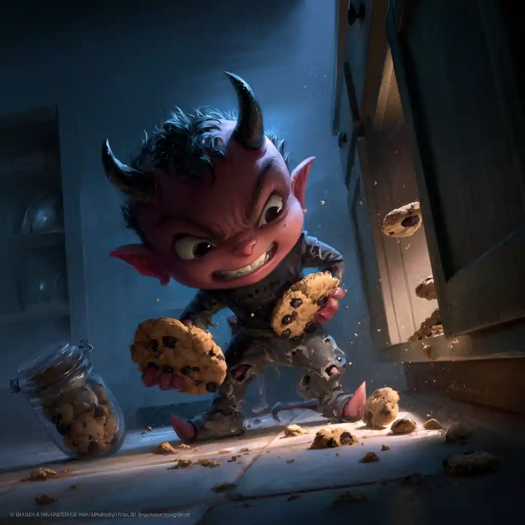 Birichino diavoletto rosso bambino che ruba biscotti di notte