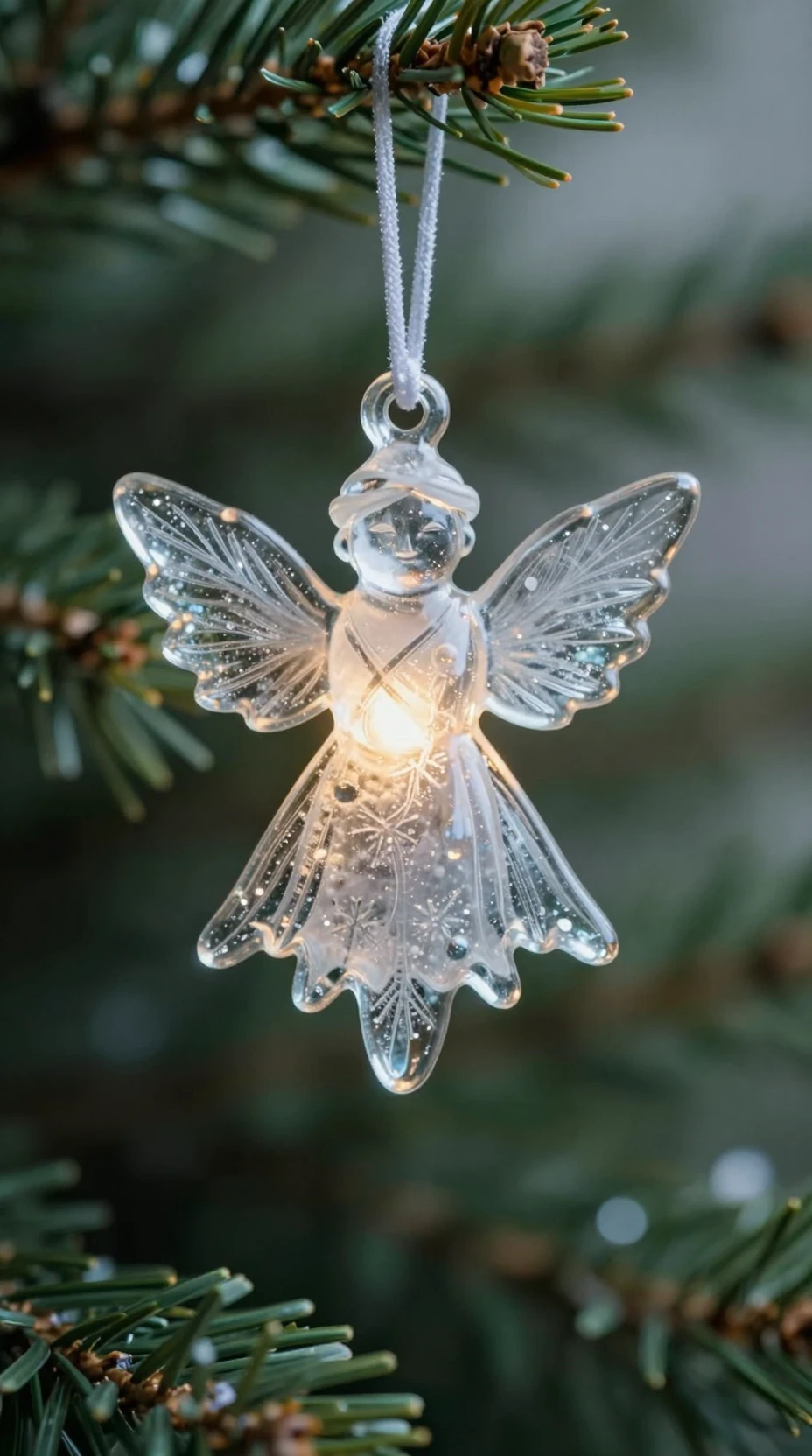 Decorazione di angelo di neve in vetro che brilla su un albero di Natale