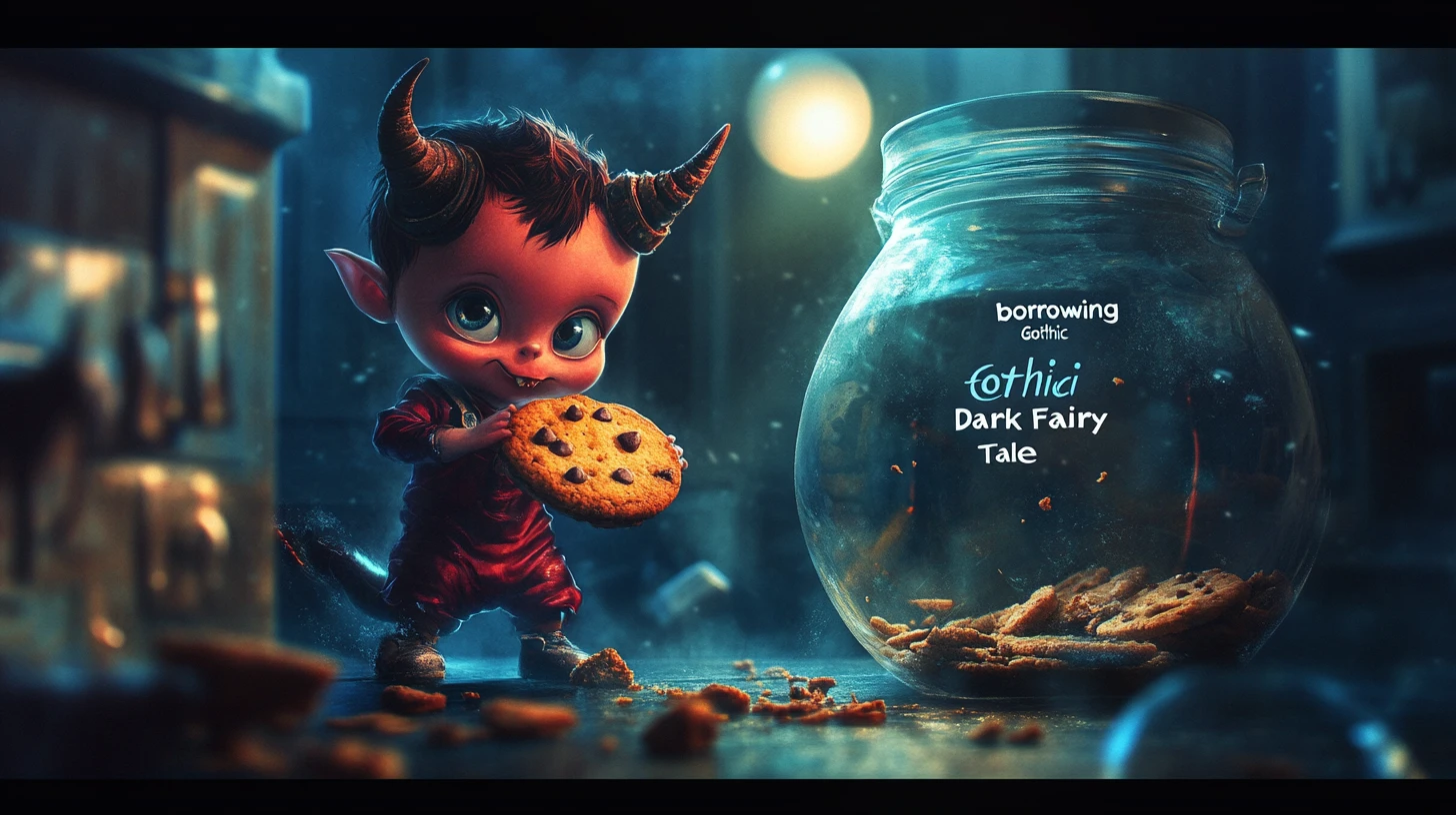 Imp toddler stealing cookies in a moonlit gothic kitchen
