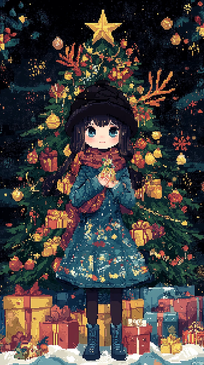 Cartoon-Mädchen am Weihnachtsbaum mit Rentier und Geschenken
