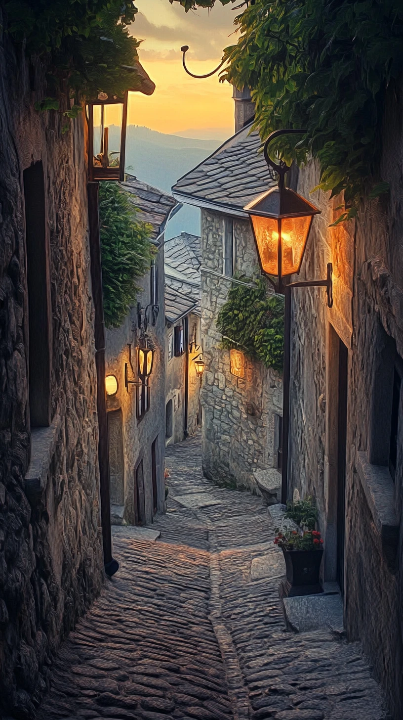 등불이 비추는 깊은 그림자의 밤 cobblestone 마을