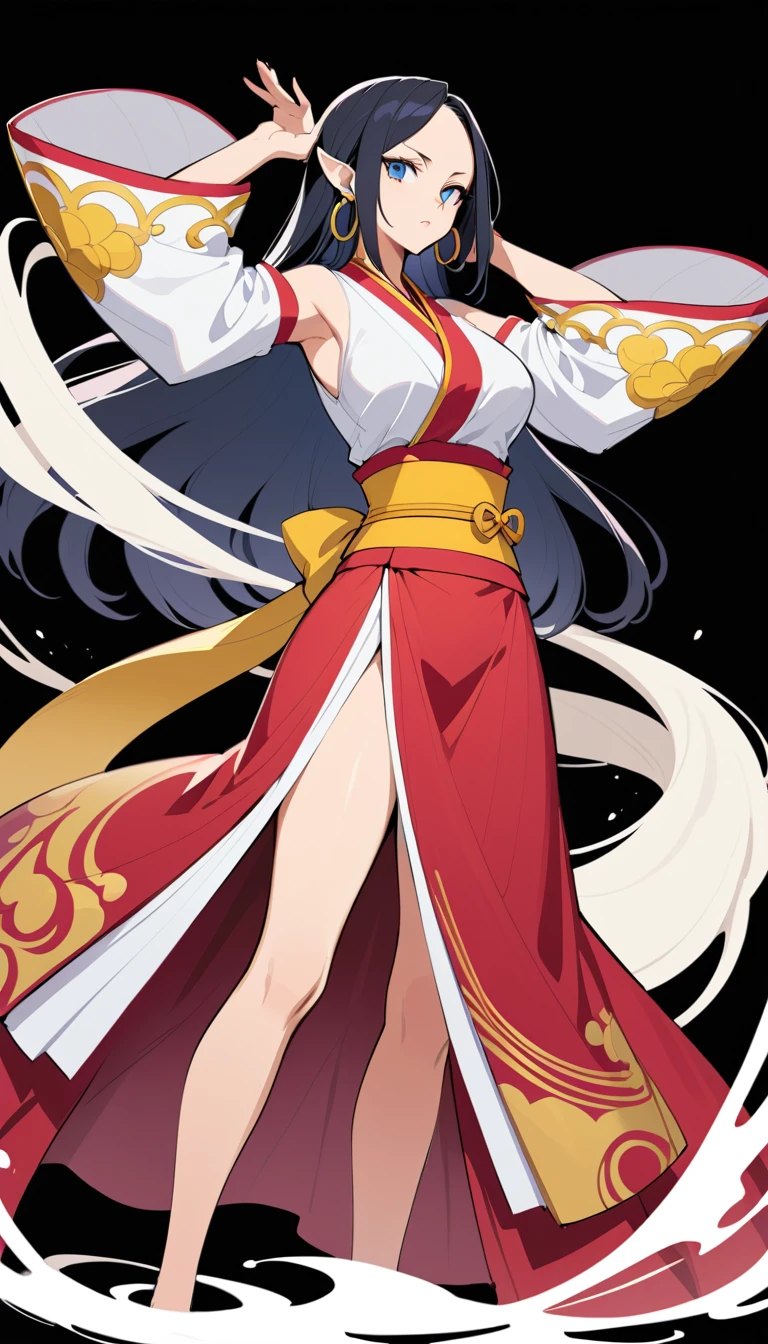 Regal anime woman in red kimono with ink splatter backdrop
