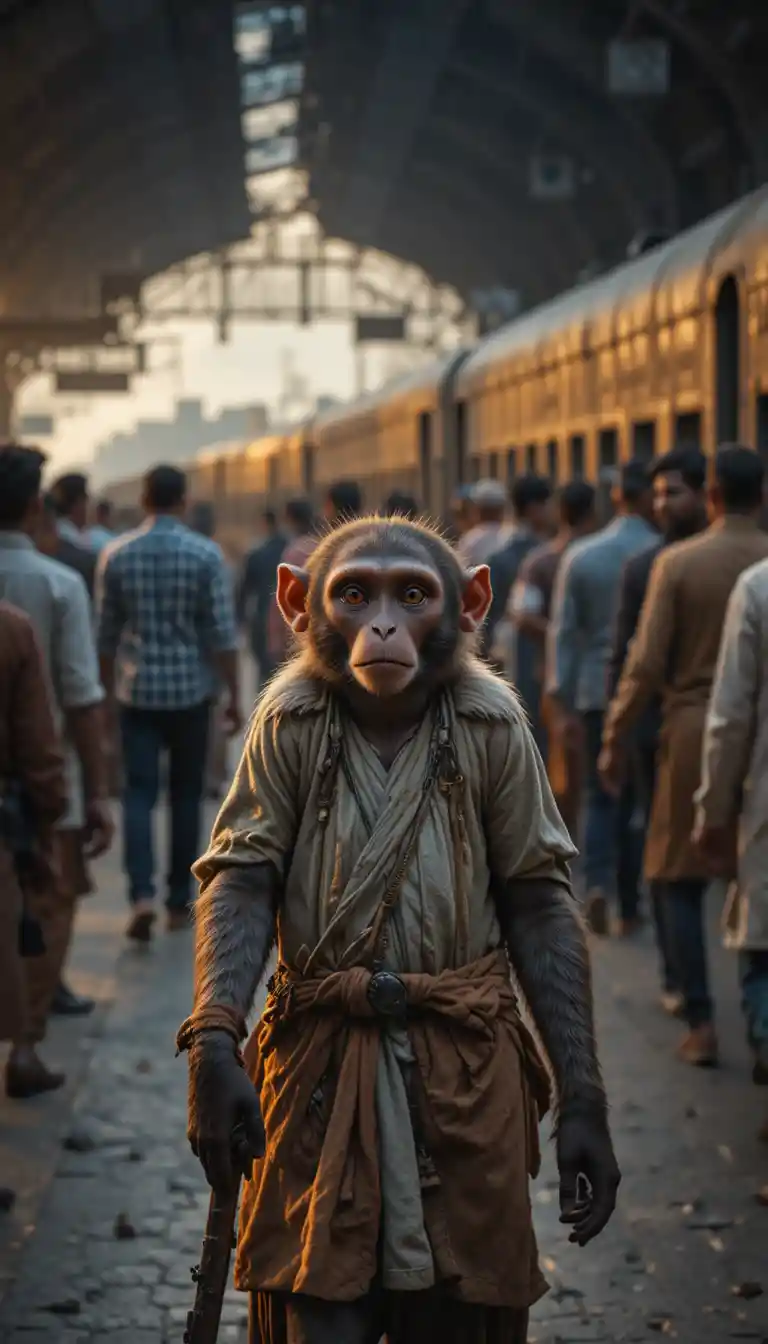 Cinematic monkey siblings at crowded Indian train station