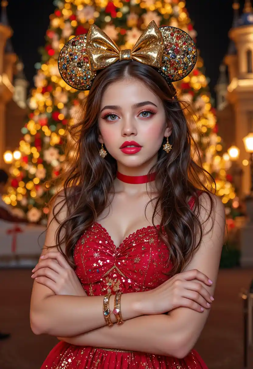 Shy tween in red dress by glowing Christmas tree