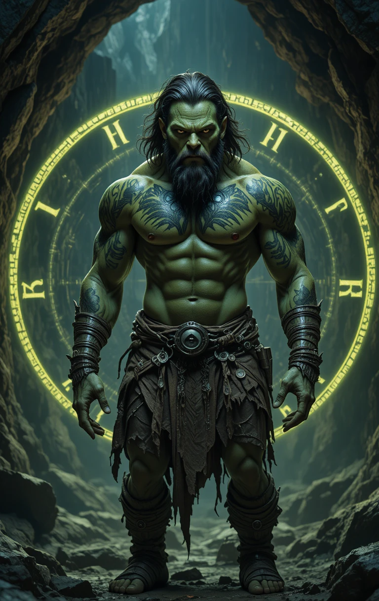 Guerreiro orc verde em círculo de runas brilhante na caverna