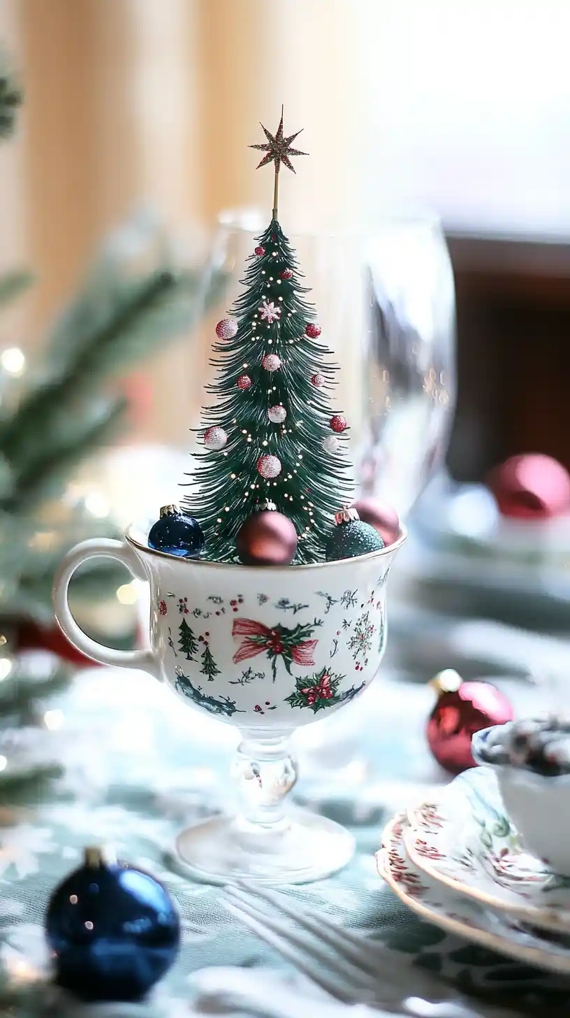Festive wine glass filled with colorful baubles and ribbons
