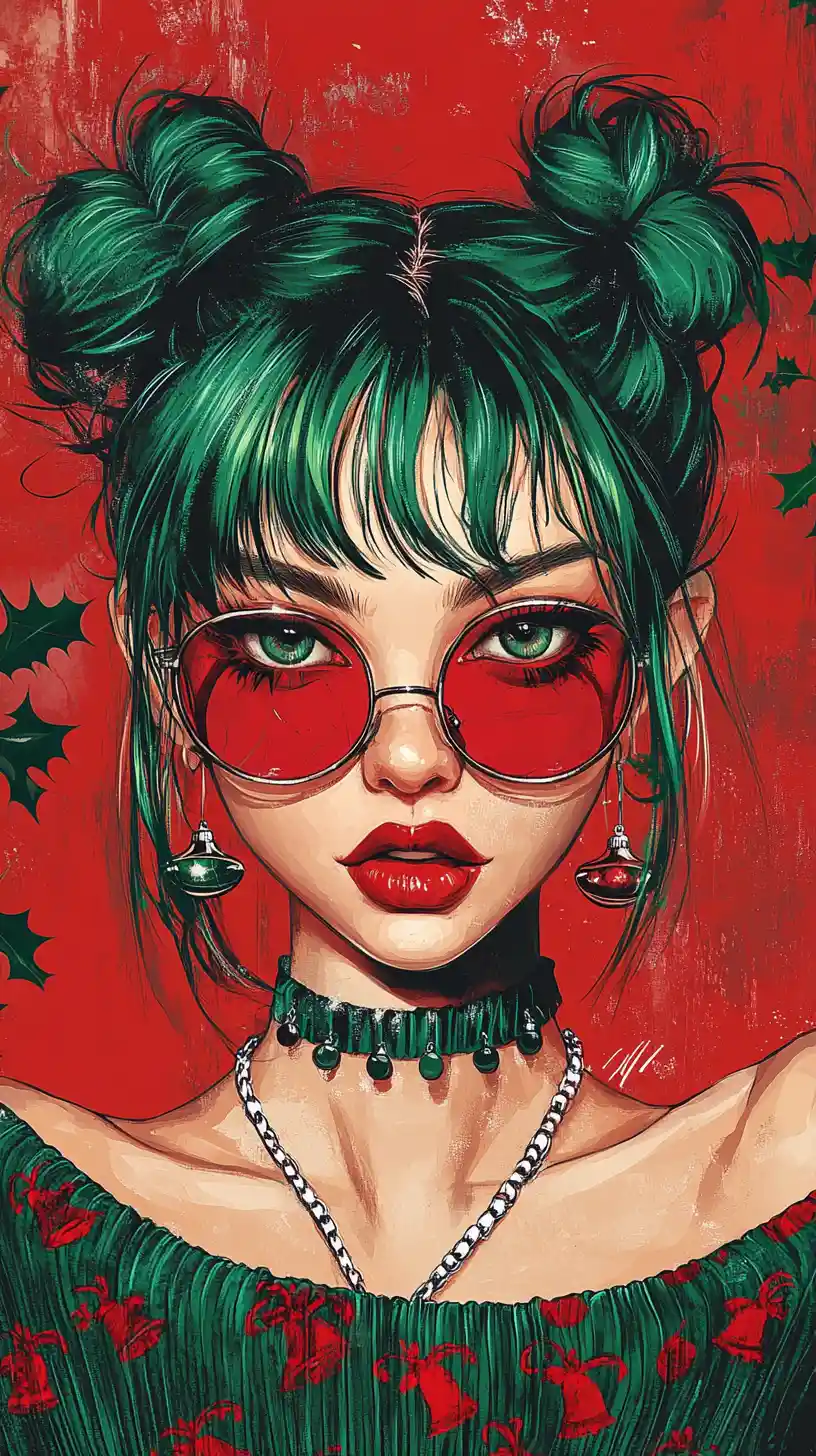 Ritratto pop art di ragazza dai capelli verdi con accessori di Natale