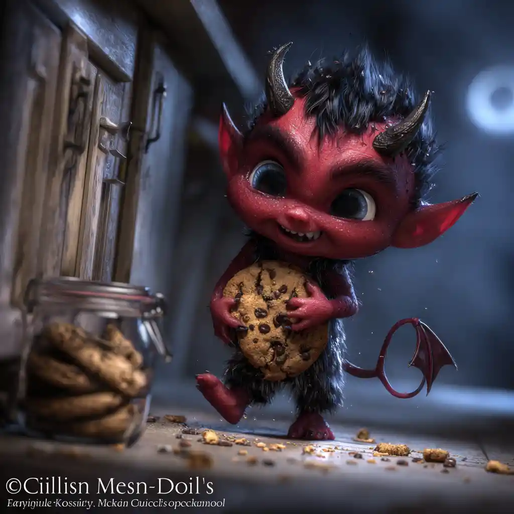 Imp toddler stealing cookies in a moonlit gothic kitchen