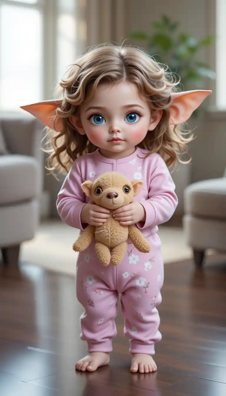 Cute toddler girl gremlin holding teddy bear on floor