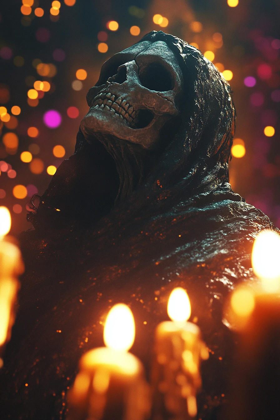 Ceifeiro sombrio em ritual ocultista à luz de velas – ilustração digital