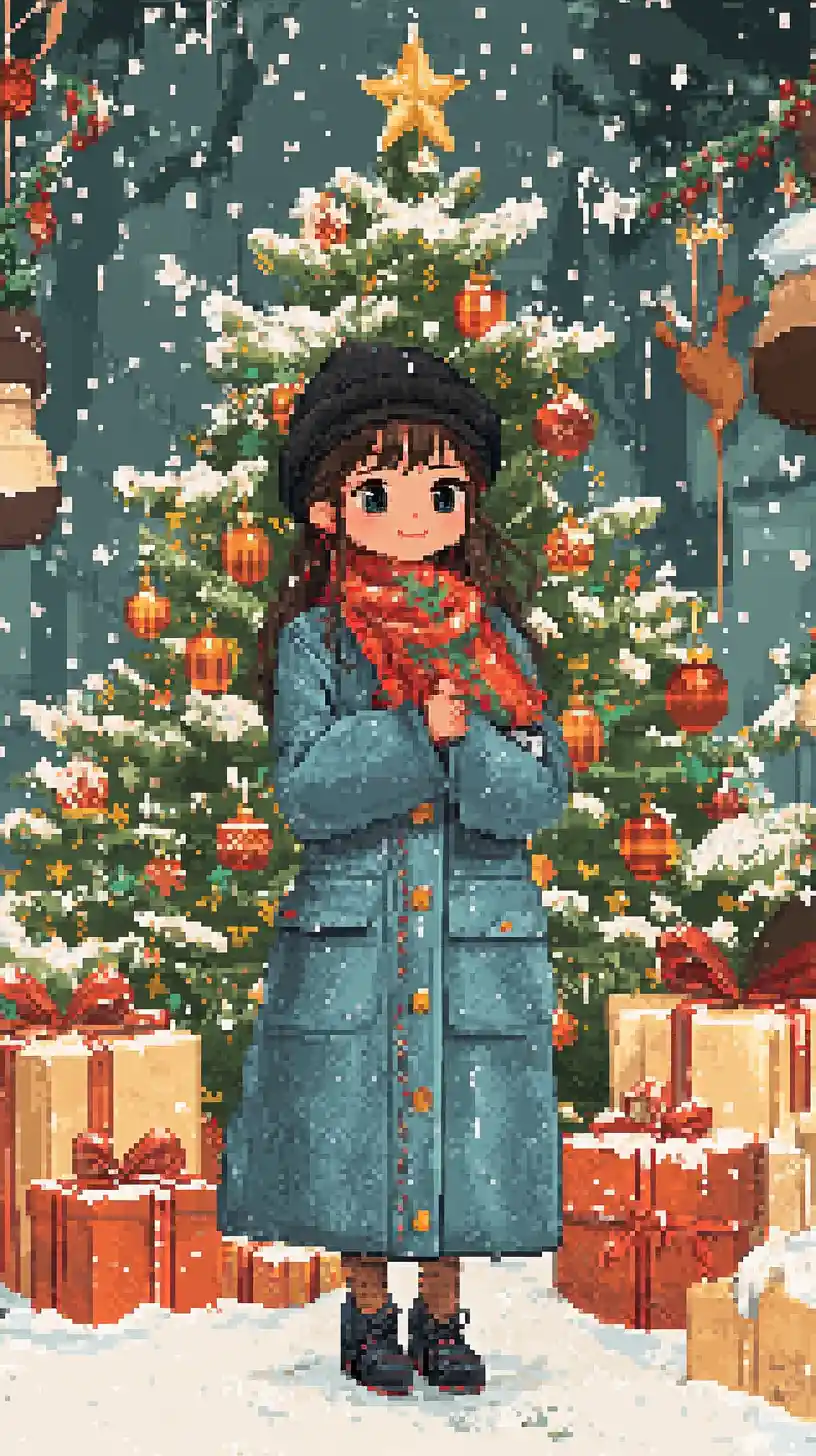 Festliches Mädchen mit Rentier und Weihnachtsbaum – Illustration