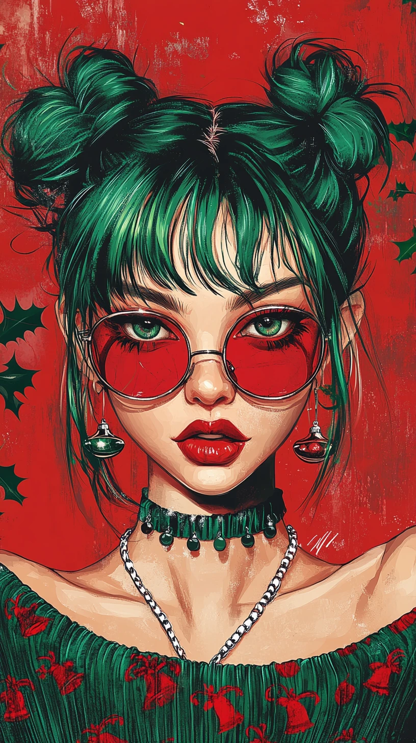Ritratto pop art di ragazza dai capelli verdi con accessori di Natale