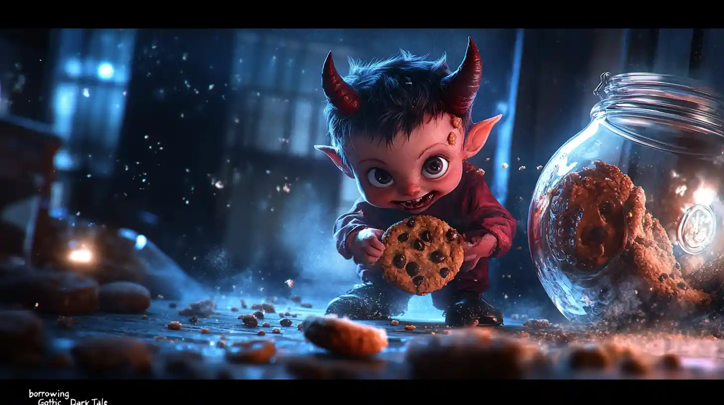 月明かりのキッチンでクッキーを盗むいたずらインプの幼児