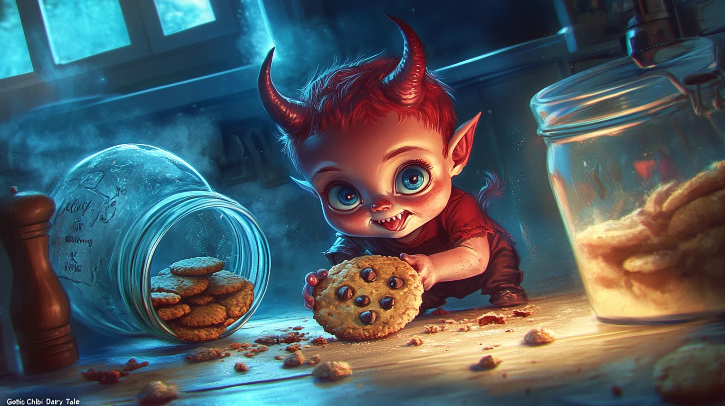 Imp toddler stealing cookies in a moonlit gothic kitchen