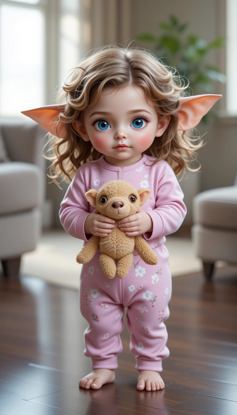 Cute toddler girl gremlin holding teddy bear on floor