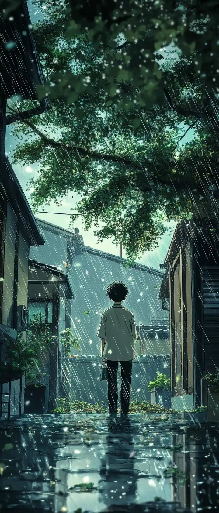 Chico de anime de pie en un tranquilo jardín bajo la lluvia