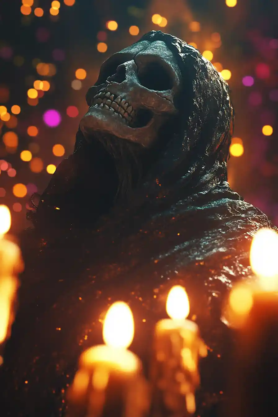 Grim reaper in candlelit occult ritual digital illustration
