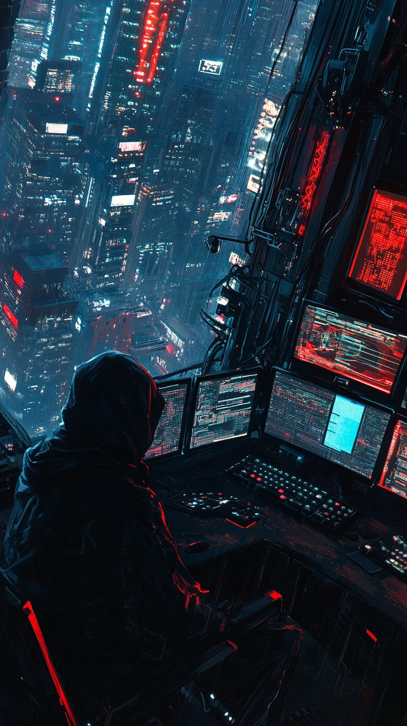 Hacker encapuzado em sala de controle cyberpunk iluminada por neon
