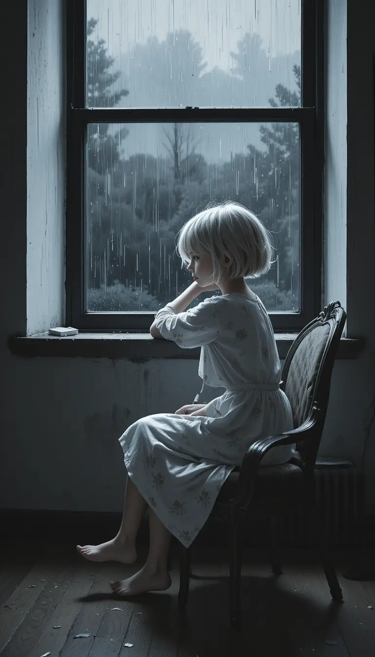 Joven niña en un apartamento oscuro mirando por la ventana lluviosa