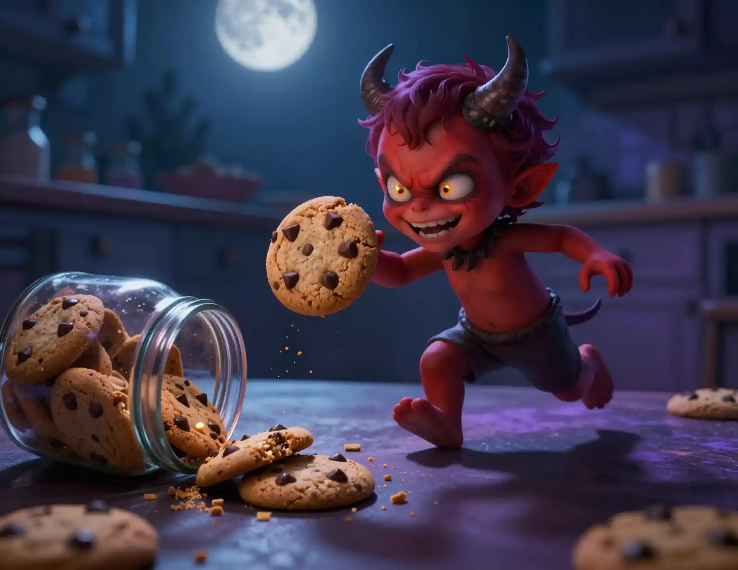 Travieso bebé diablillo robando galletas en una cocina a la luz de la luna