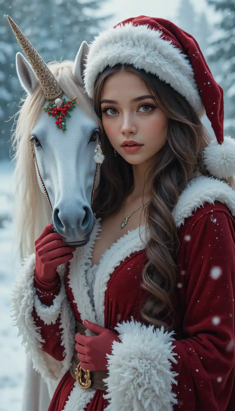 雪景中與獨角獸相伴的美麗聖誕女子