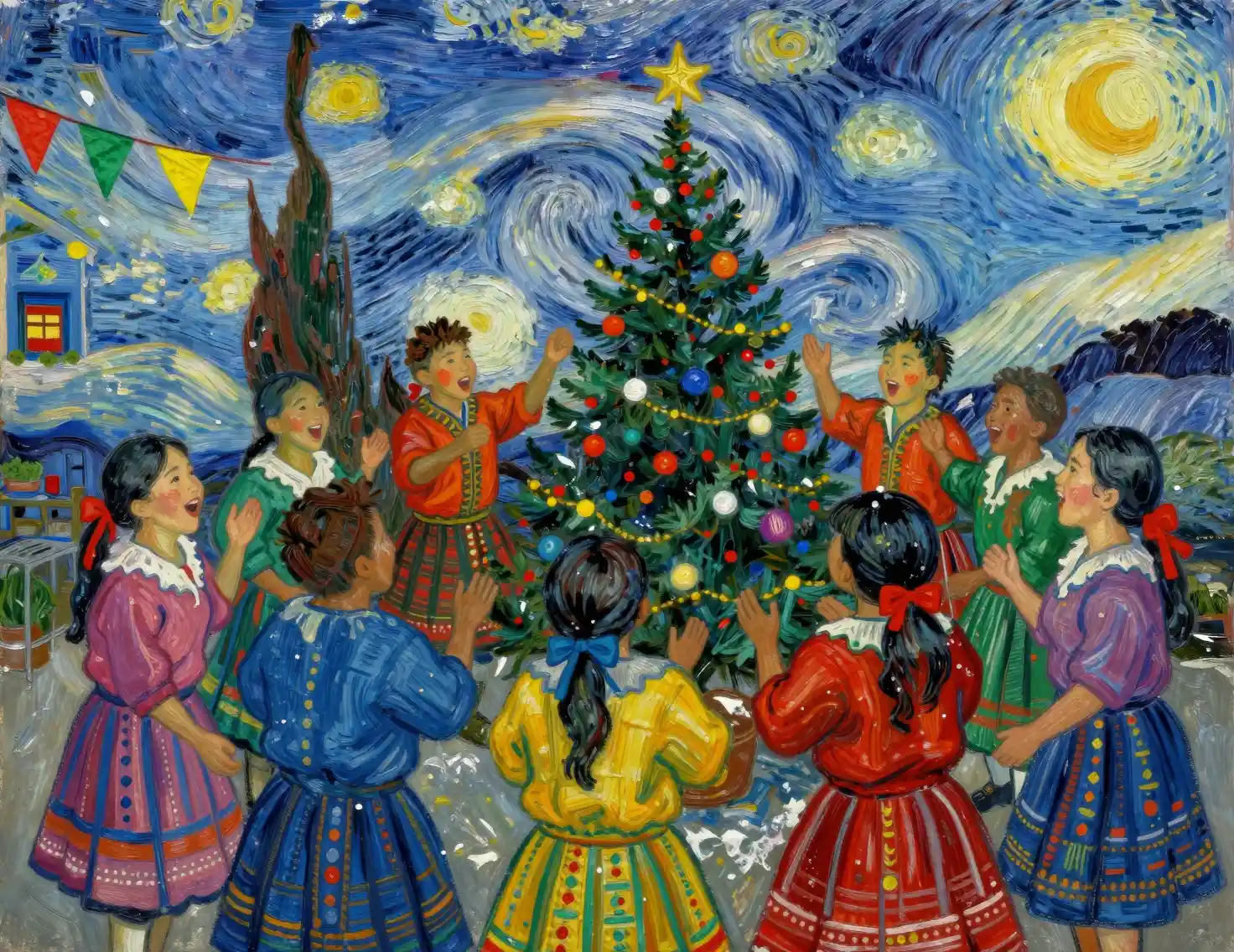 Filipino carolers singing around a festive Christmas tree