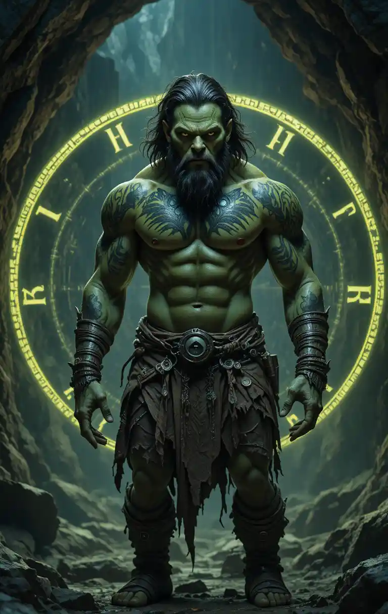 Green orc warrior in glowing rune circle in cave